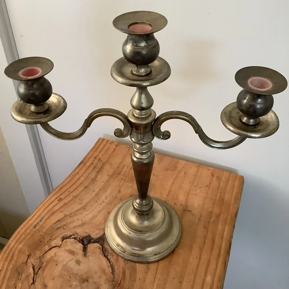 Vintage Antique Large 3 Arm Silvertone Brass Candelabra Candle Stick Ornate
